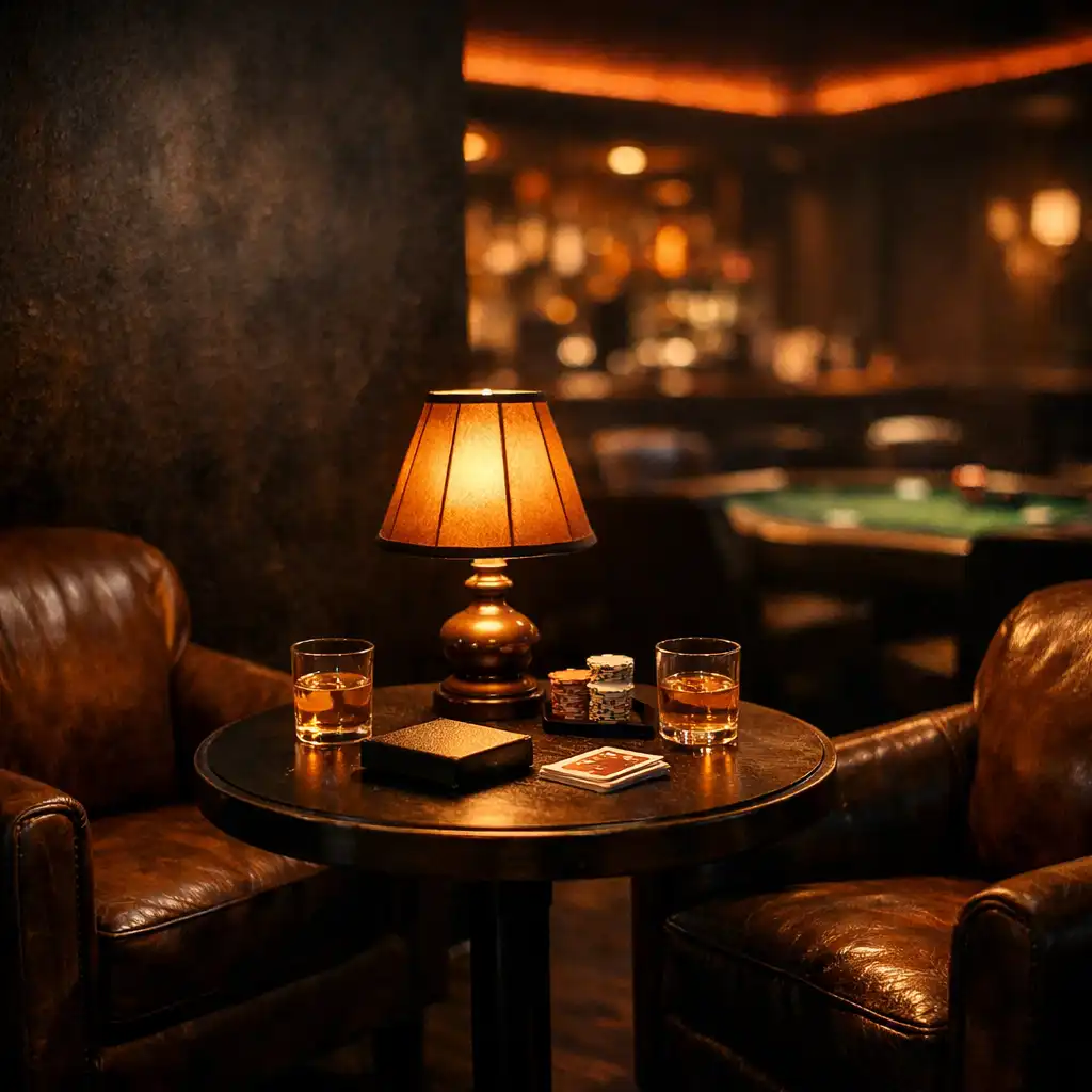 Intimate seating area inside the Card Lounge with leather armchairs and a warm table lamp