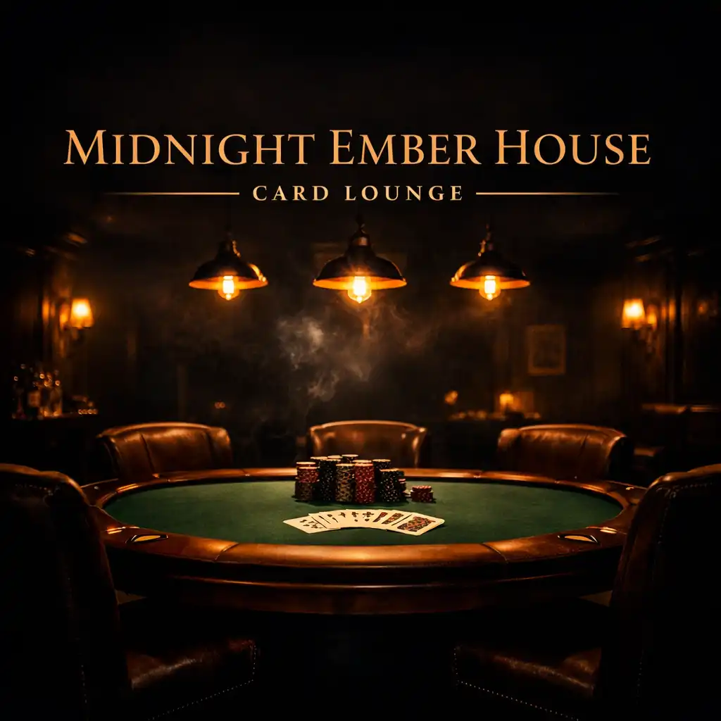 Cinematic view of the Card Lounge at Midnight Ember House with a poker table, leather chairs, and warm ember lighting