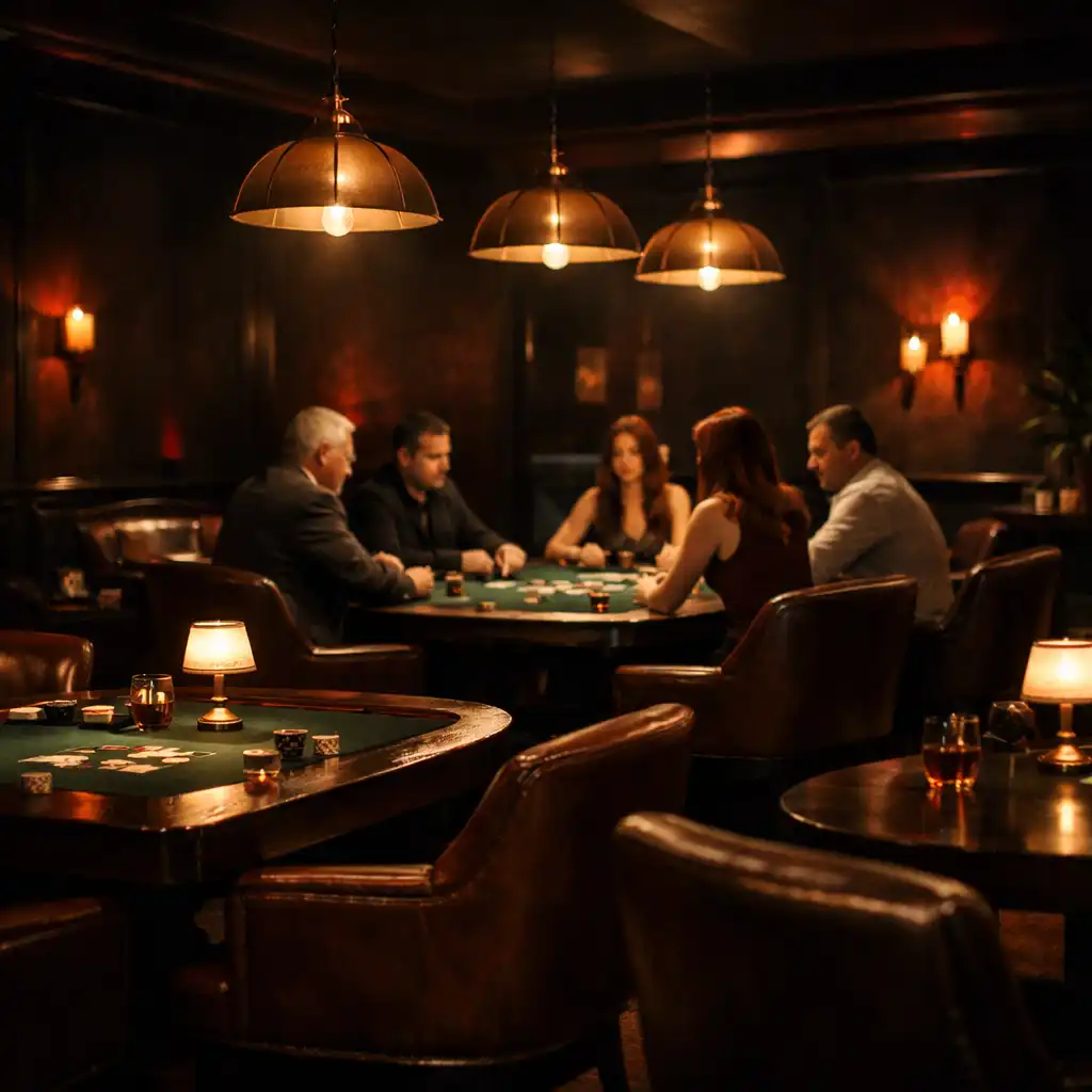 Interior of the sophisticated card lounge at Midnight Ember House with dark wood, leather chairs, and warm pendant lighting