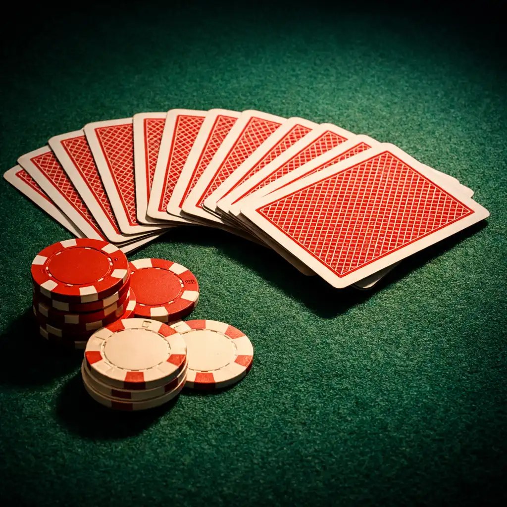 Close-up of a poker table in the Card Lounge showing cards and clay chips on green felt