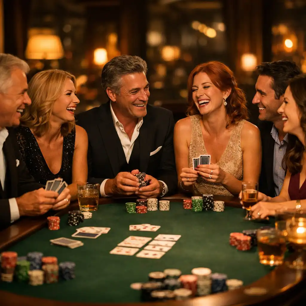 Group of adults enjoying conversation and poker at a table in the Card Lounge