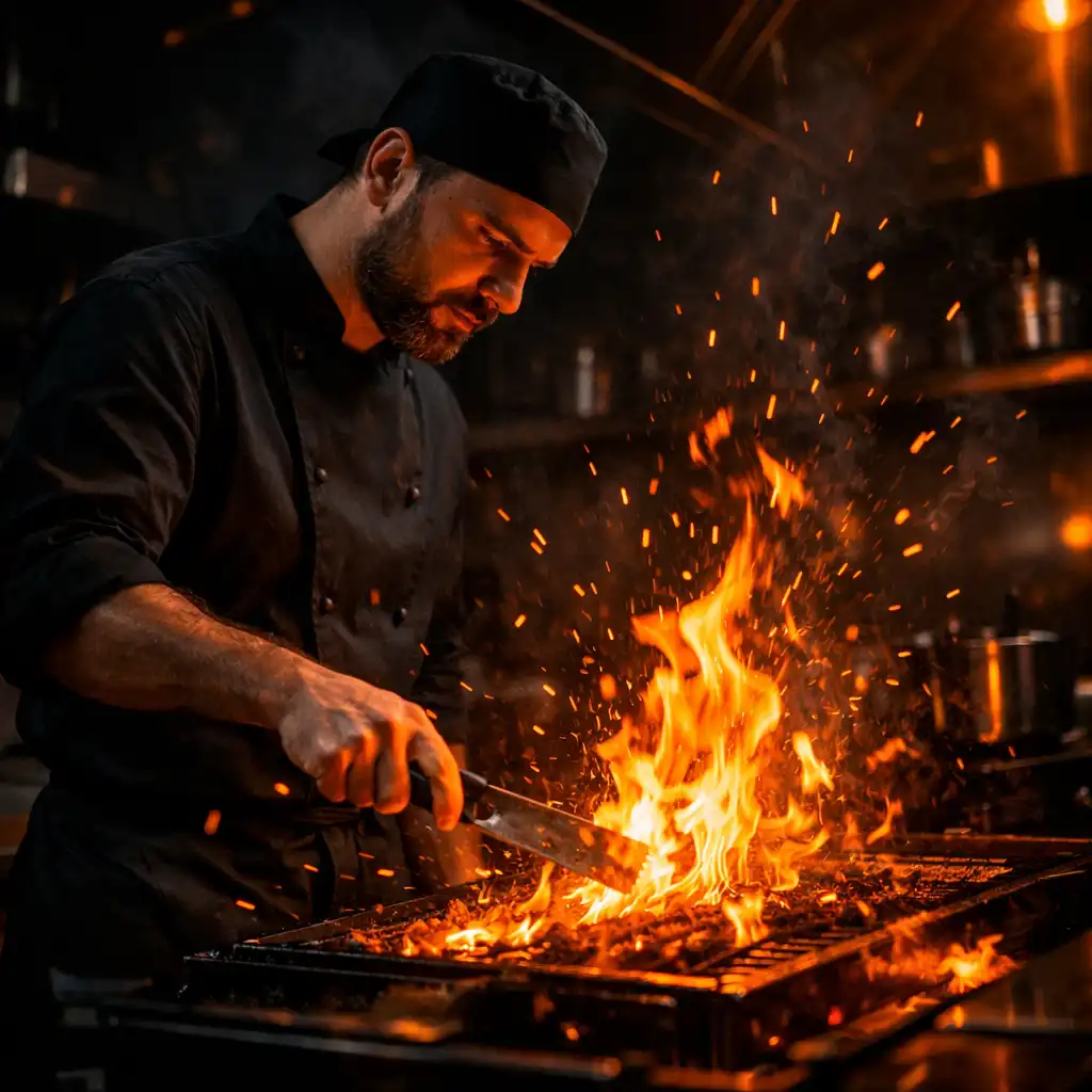 Chef tending open flames in a dark kitchen