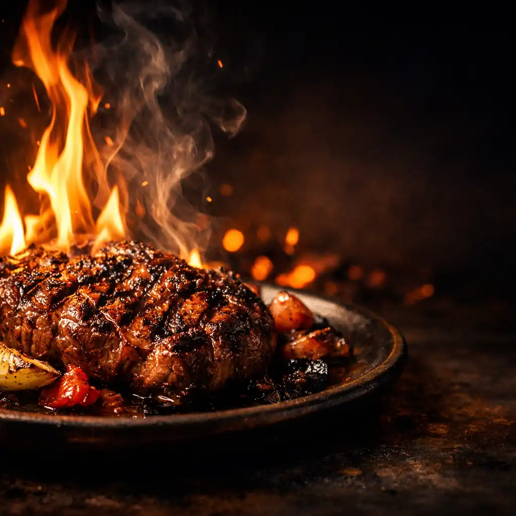 Flame-lit dish with glowing embers