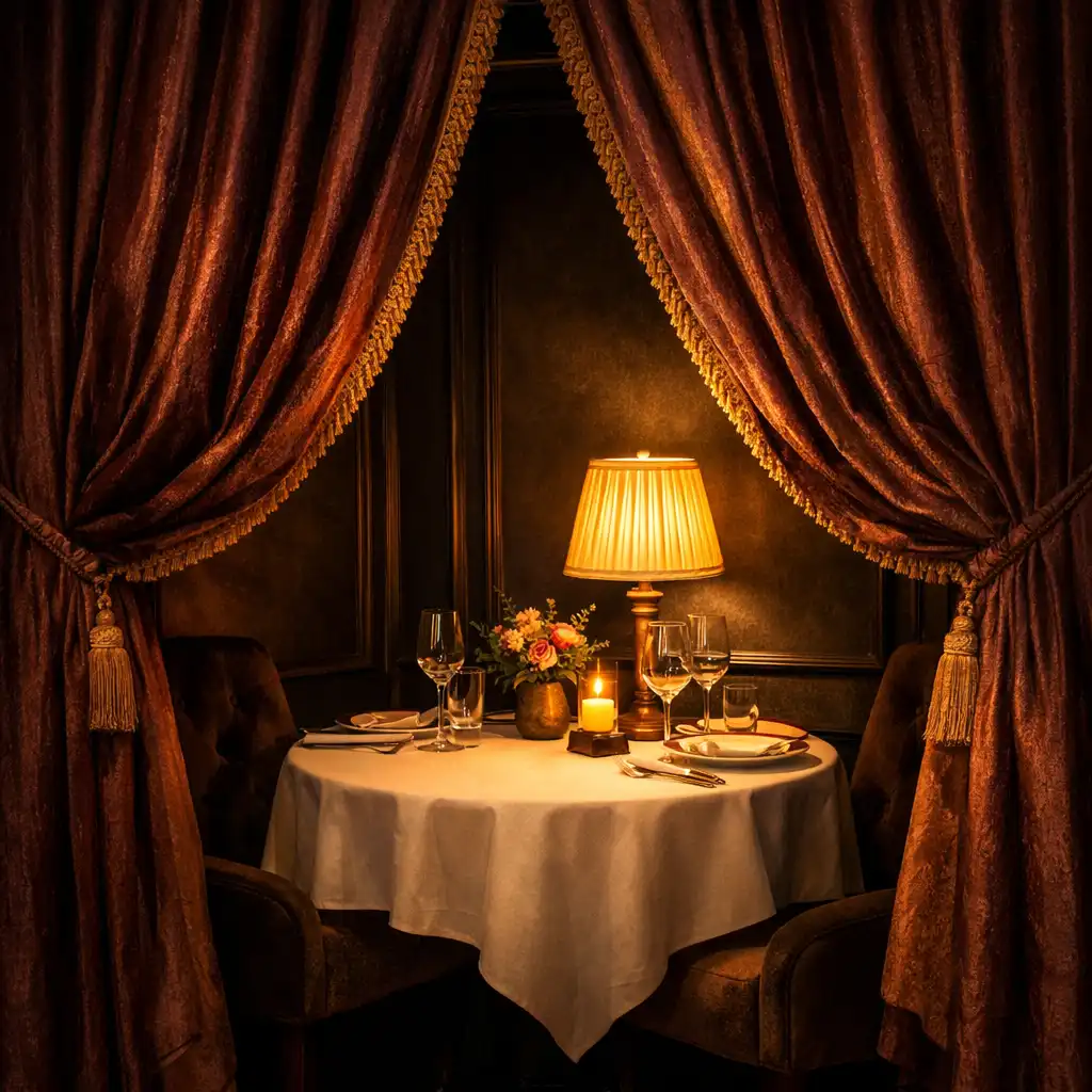 Private alcove with velvet drapes and a small table set for two