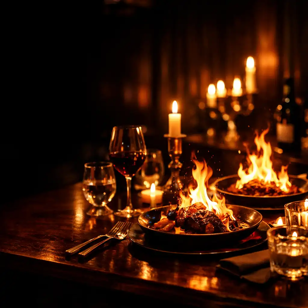 Private dining room with flame-lit dishes on a set table at Midnight Ember House