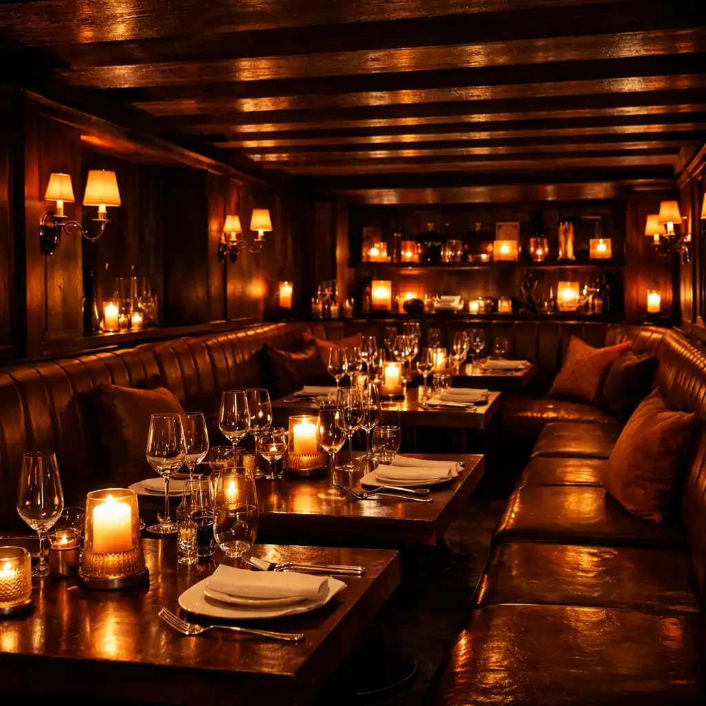 Intimate main dining room with dark timber and candlelit tables