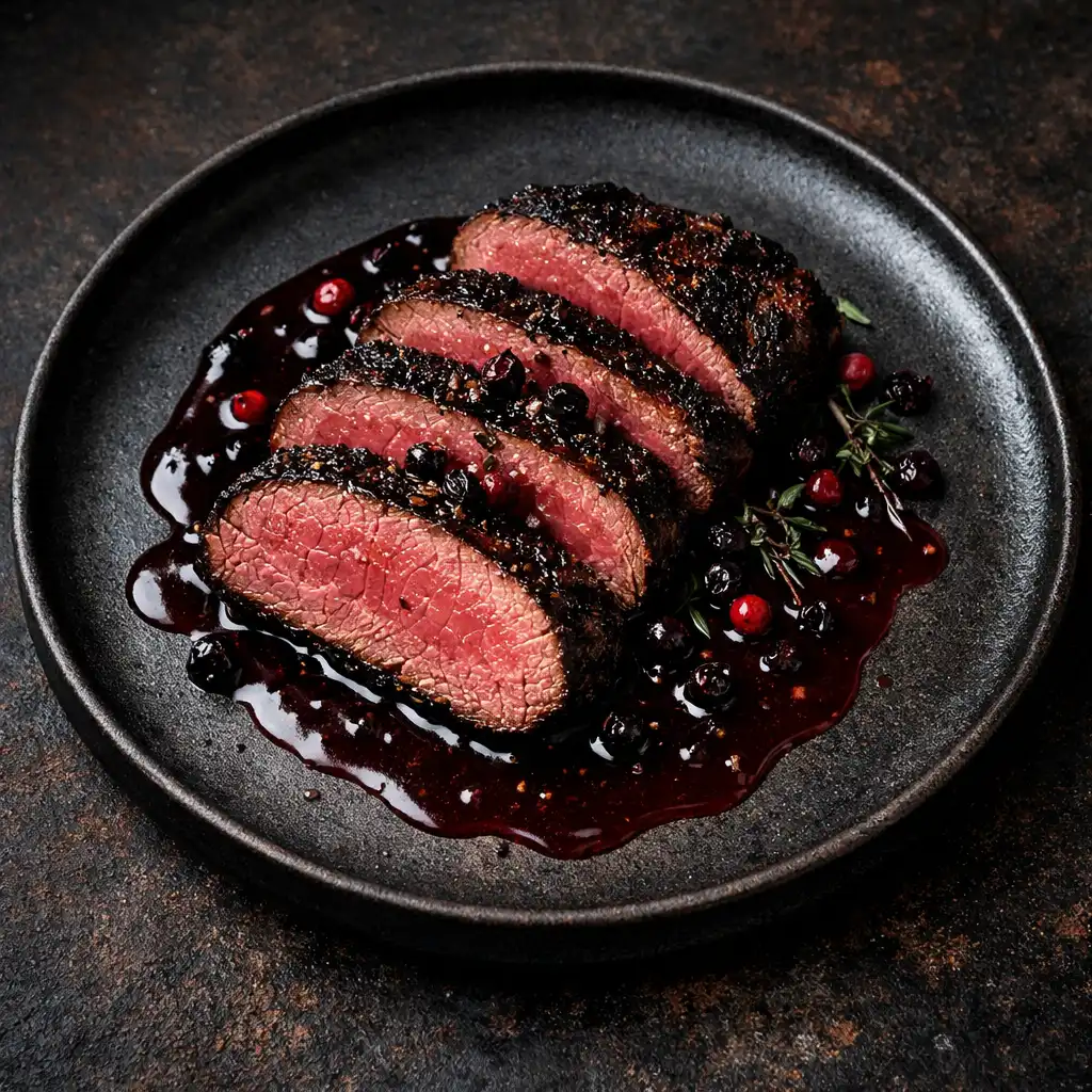 Ember-seared kangaroo loin sliced to reveal a rare interior with pepperberry and red wine reduction