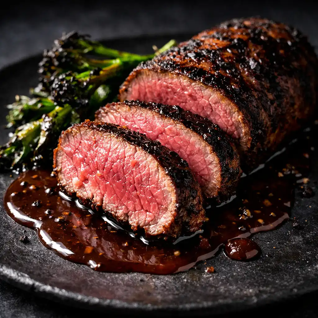 Ember-seared kangaroo loin with wattleseed jus and charred greens