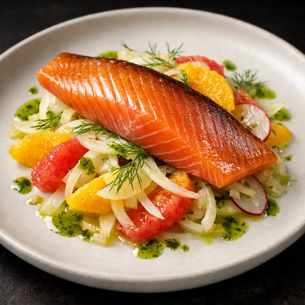 Smoked ocean trout fillet on citrus and fennel salad with dill oil