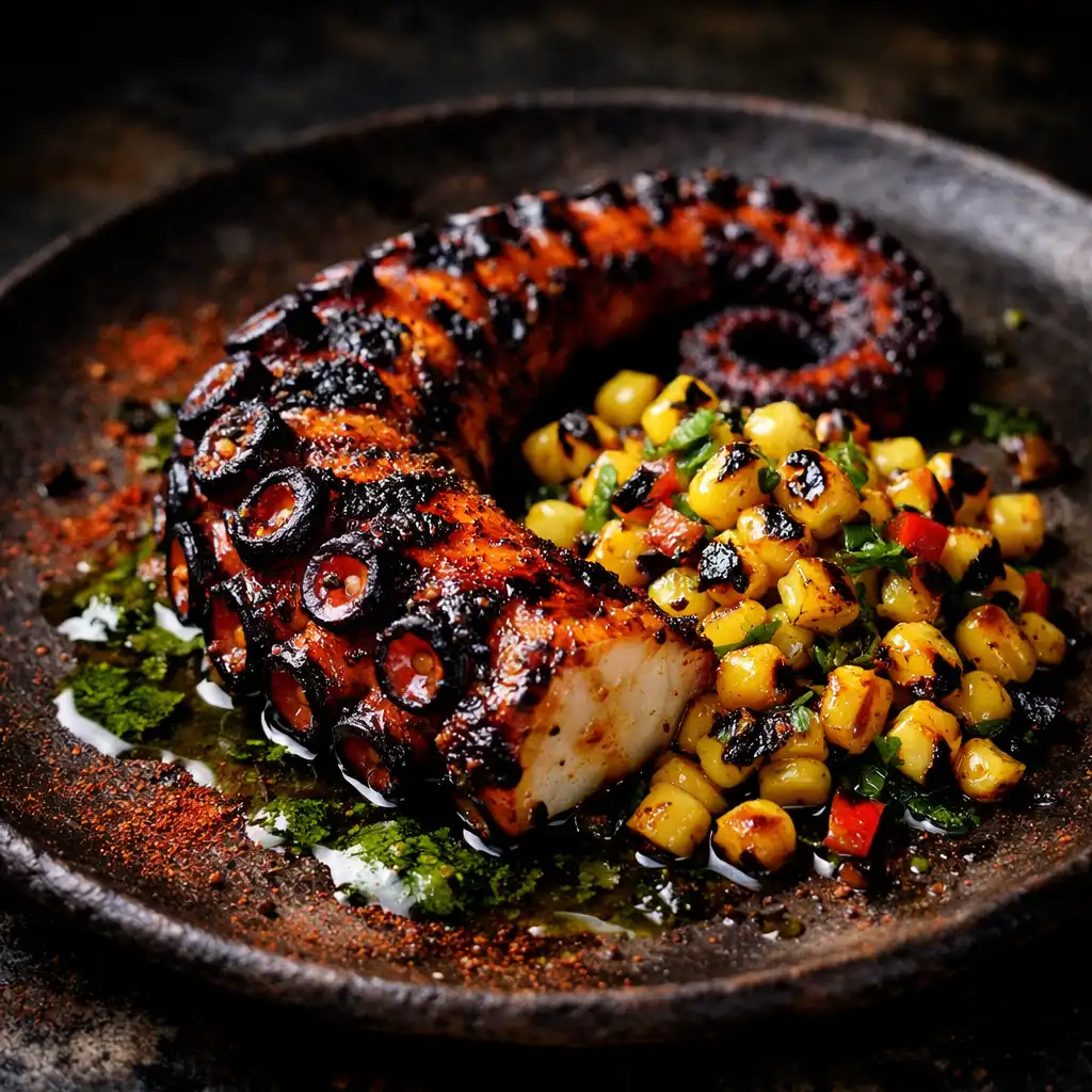 Charred octopus tentacles on black garlic purée with micro herbs and lemon zest