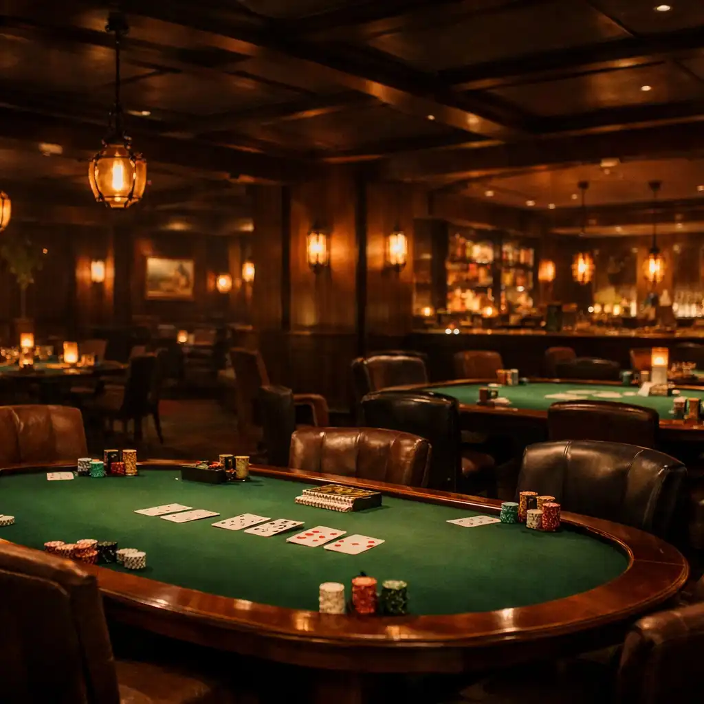 Card lounge with poker tables and ember lighting