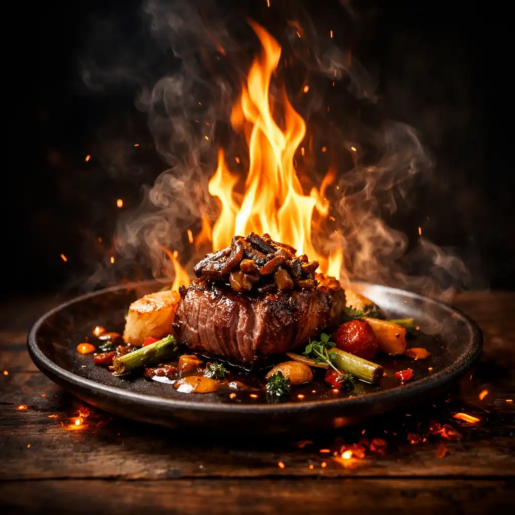 A gourmet dish being flambéed with dramatic flames at a dark restaurant table