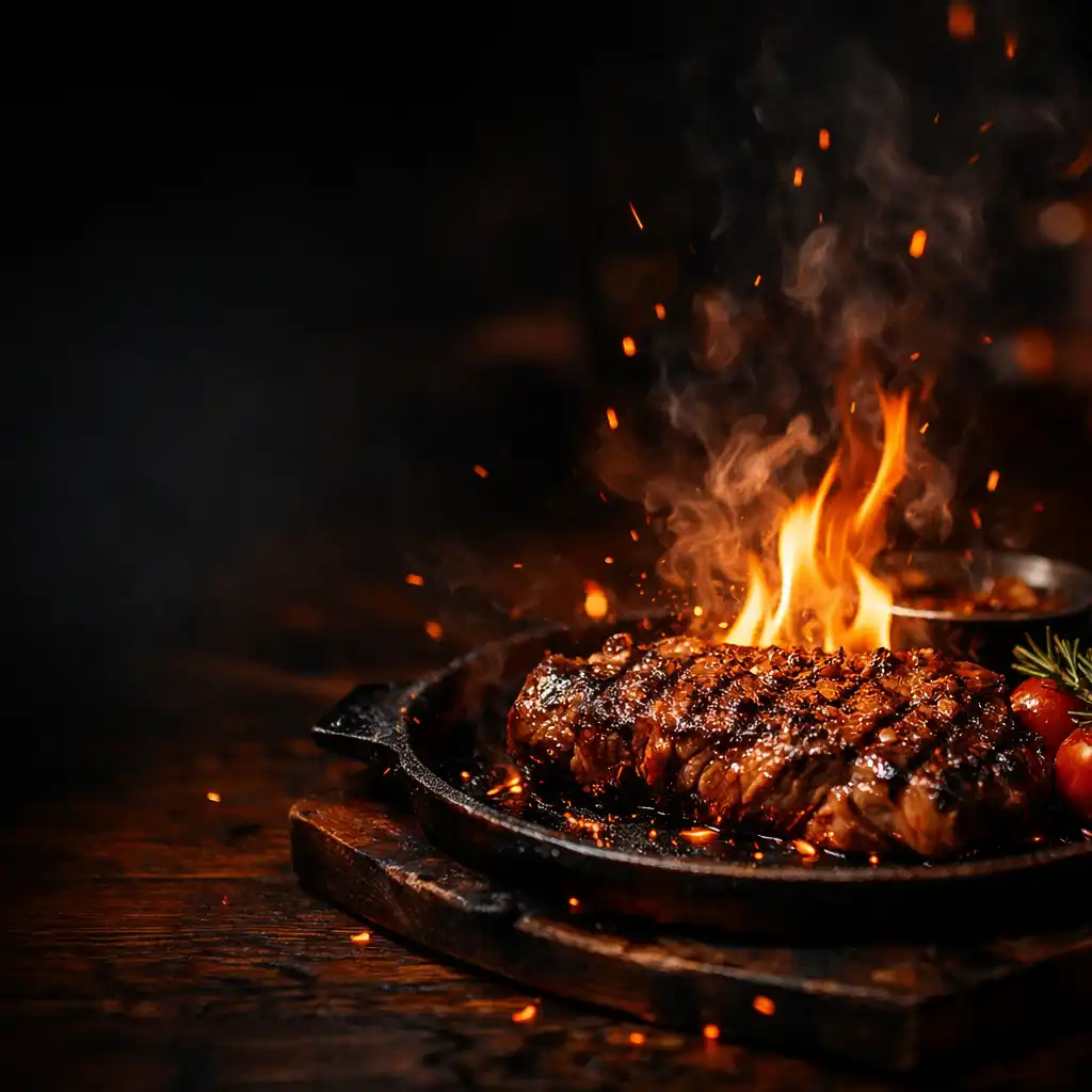Flame-lit dish with embers and smoke rising in a dark restaurant setting