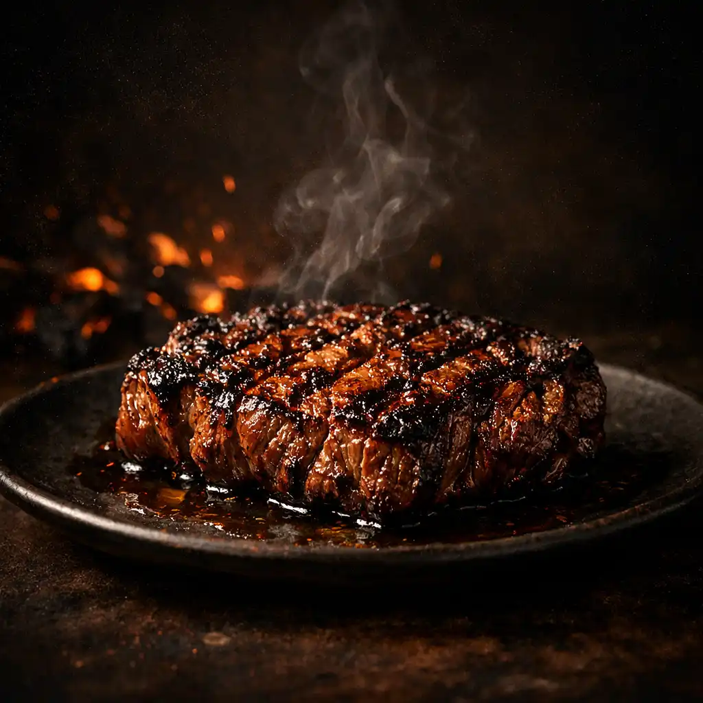 Flame-seared steak on a dark ceramic plate with glowing embers and rising smoke