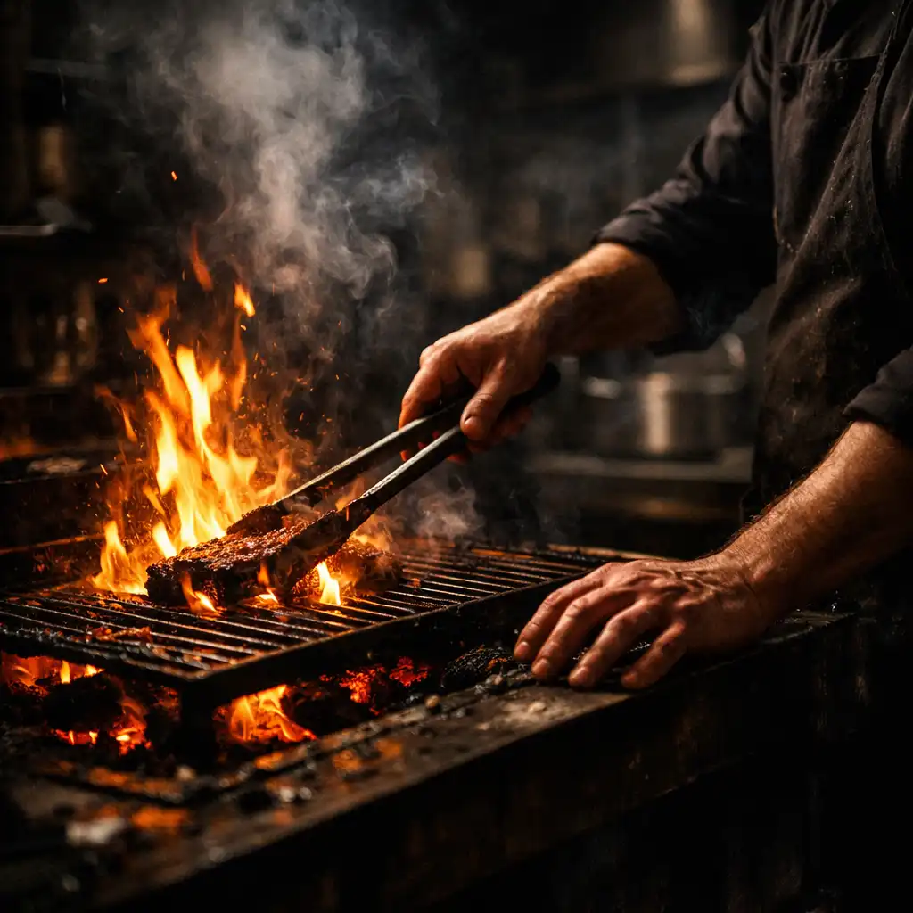Chef's hands tending a wood-fired grill with leaping flames and glowing embers