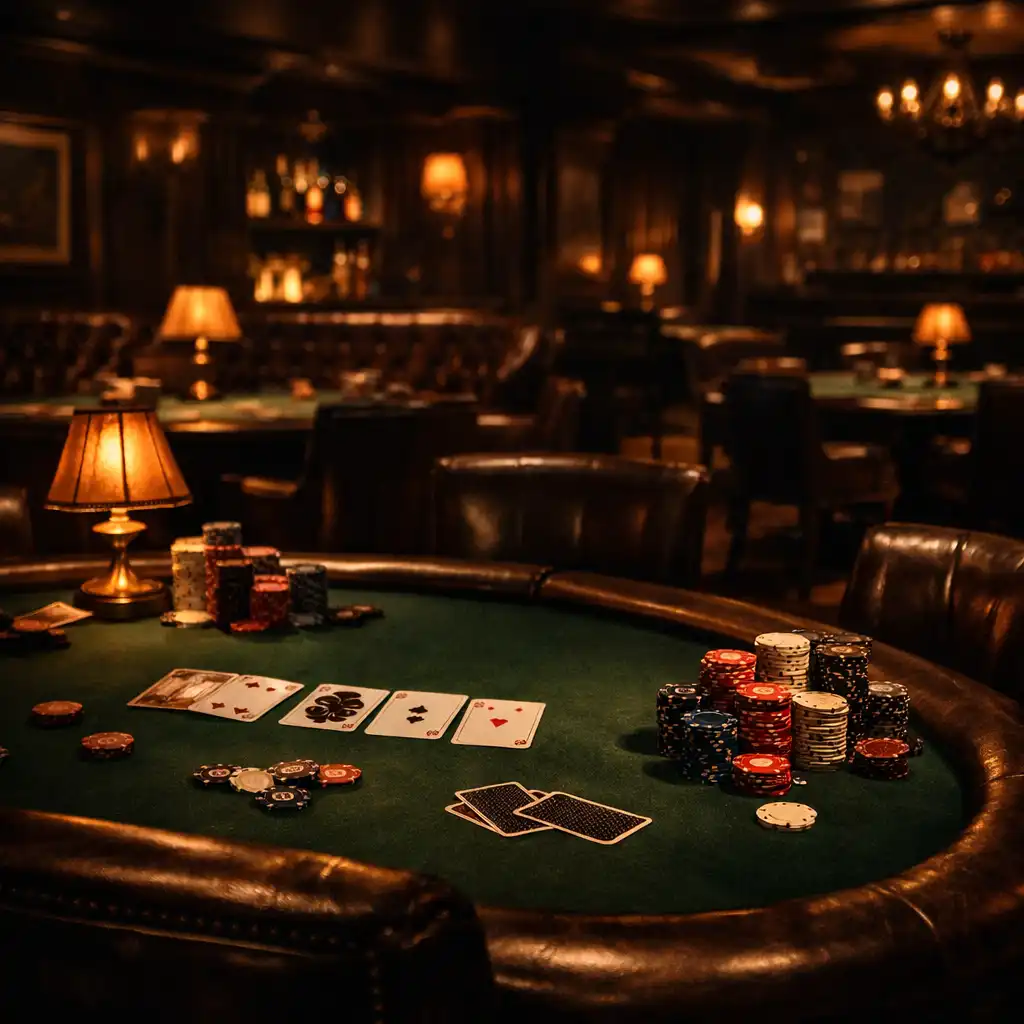 Moody lounge interior with poker tables, low lighting, and physical chips and cards ready for play
