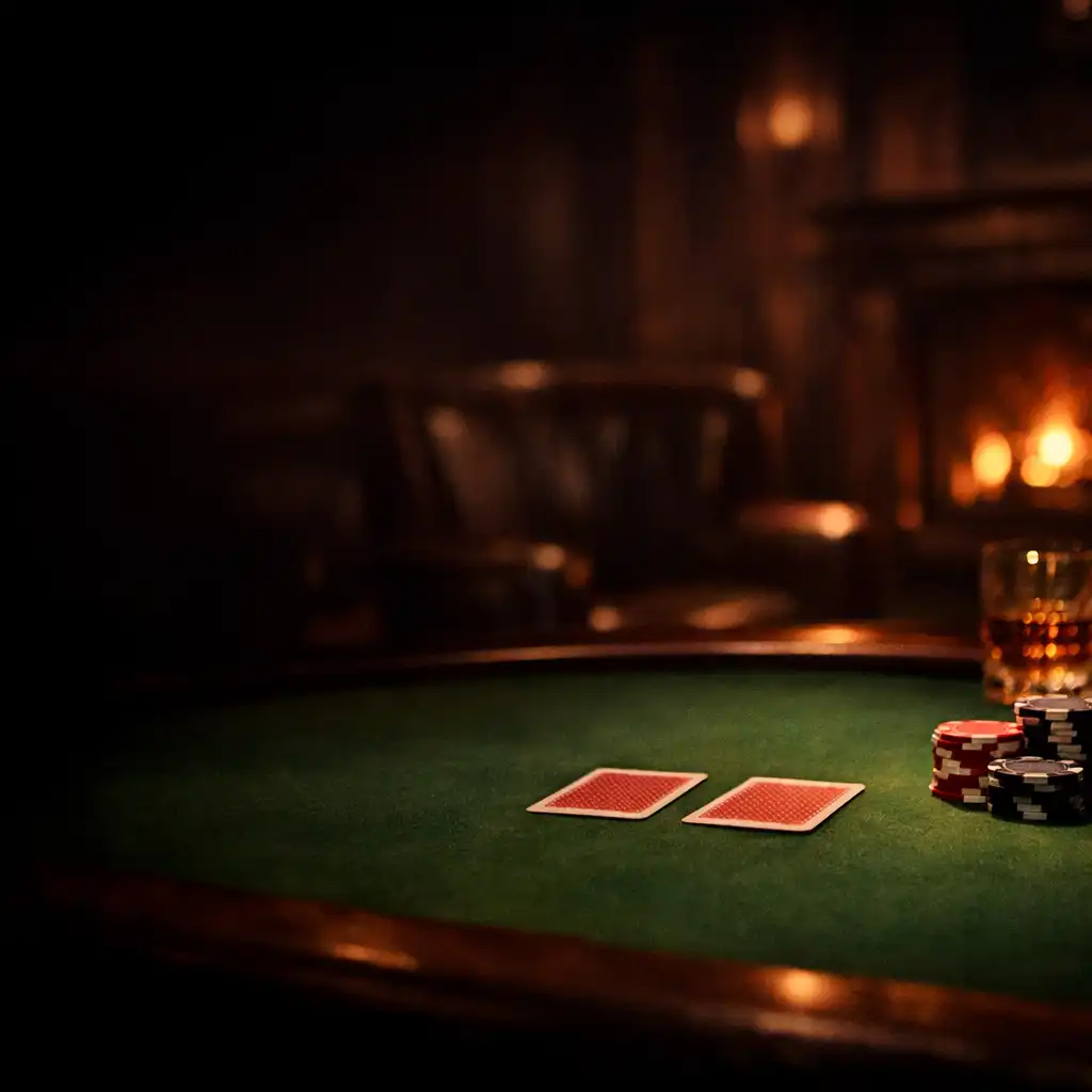 A dramatic poker table in the dark, ember-lit card lounge at Midnight Ember House