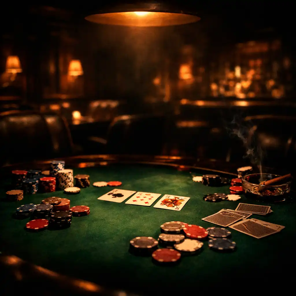 Moody card lounge interior with a green felt poker table, scattered playing cards, and warm ember lighting