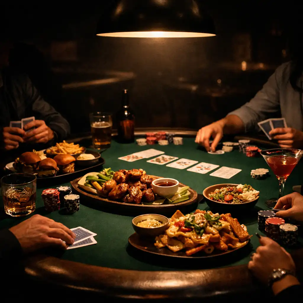 Poker table in a dark lounge with shareable dishes and drinks under a warm pendant light