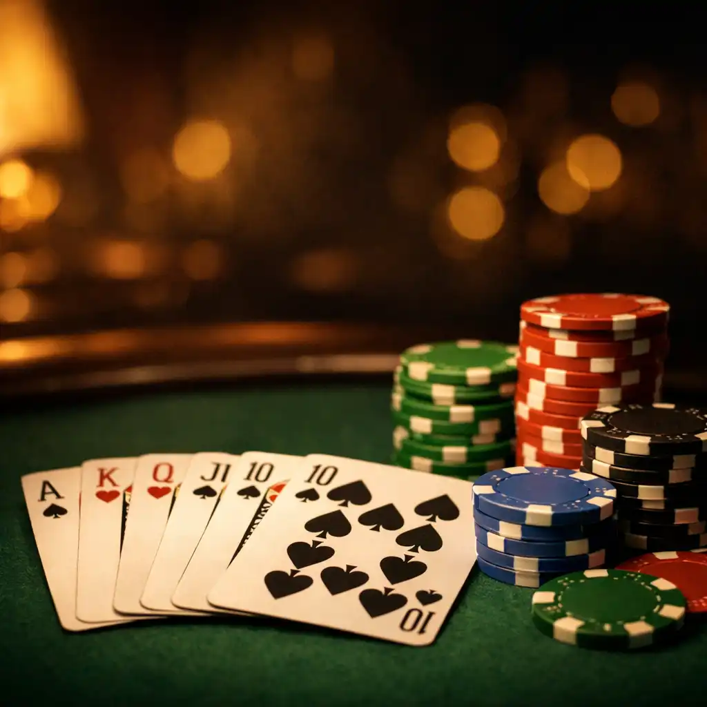 Close-up of a poker table with a fan of playing cards and a stack of clay chips, softly lit
