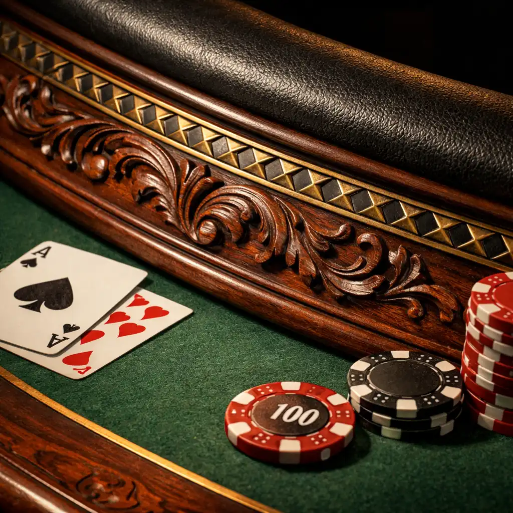 Close-up of a premium poker table with felt surface, chips, and cards under warm light