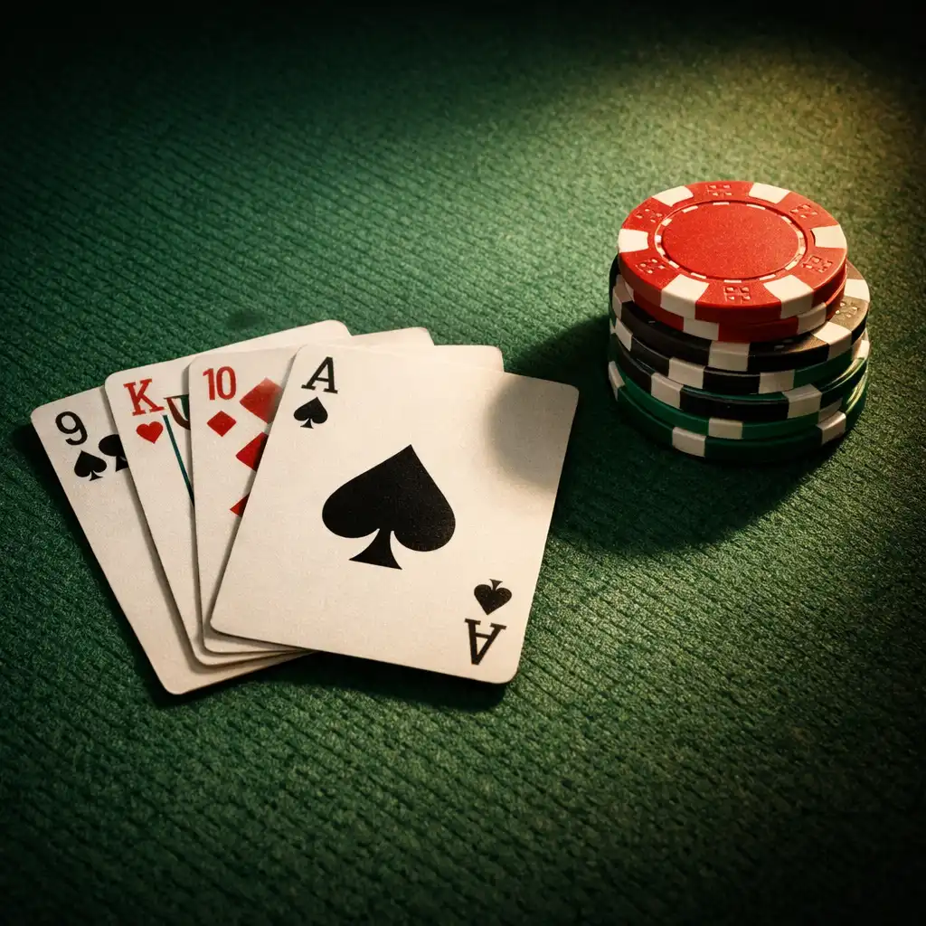Close-up of the green felt surface of a poker table with fanned playing cards and a stack of clay chips