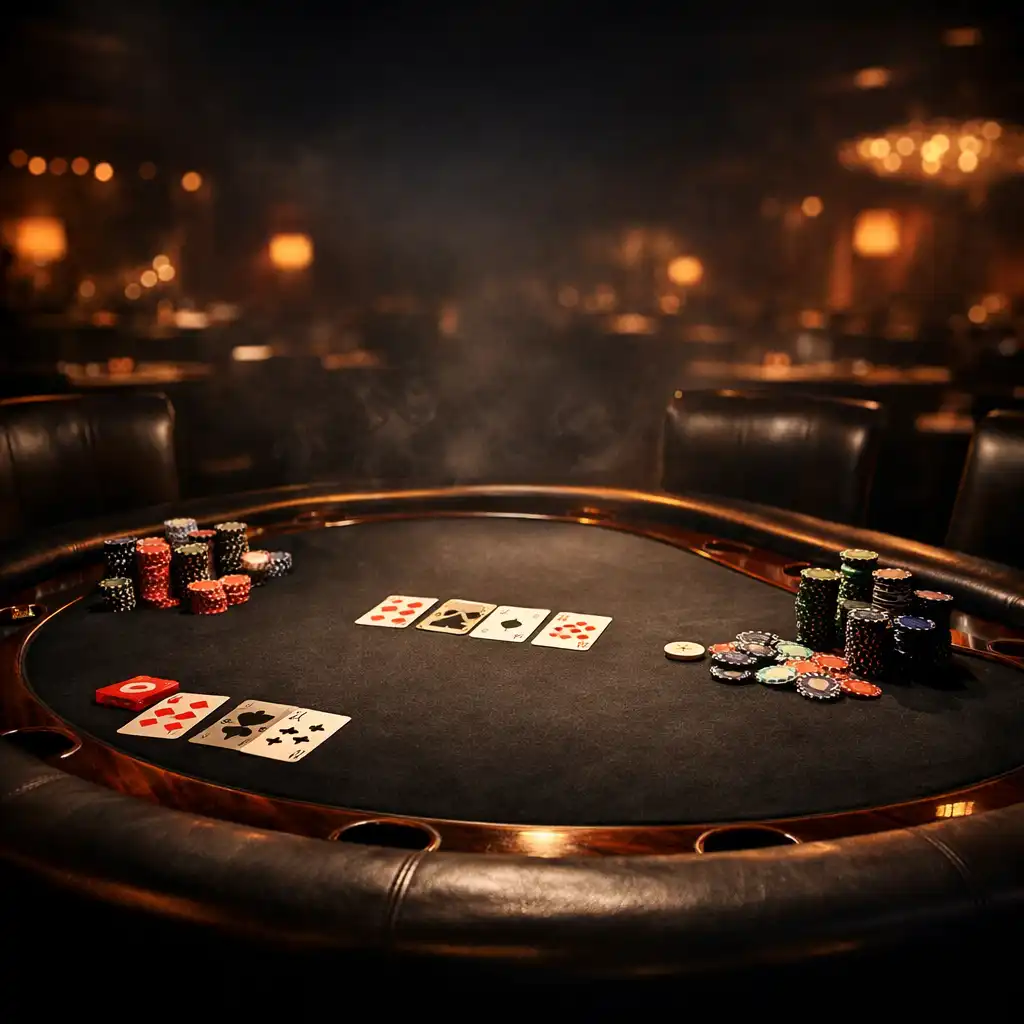 A premium poker table with dark wood and charcoal felt under warm ember lighting in a cinematic lounge