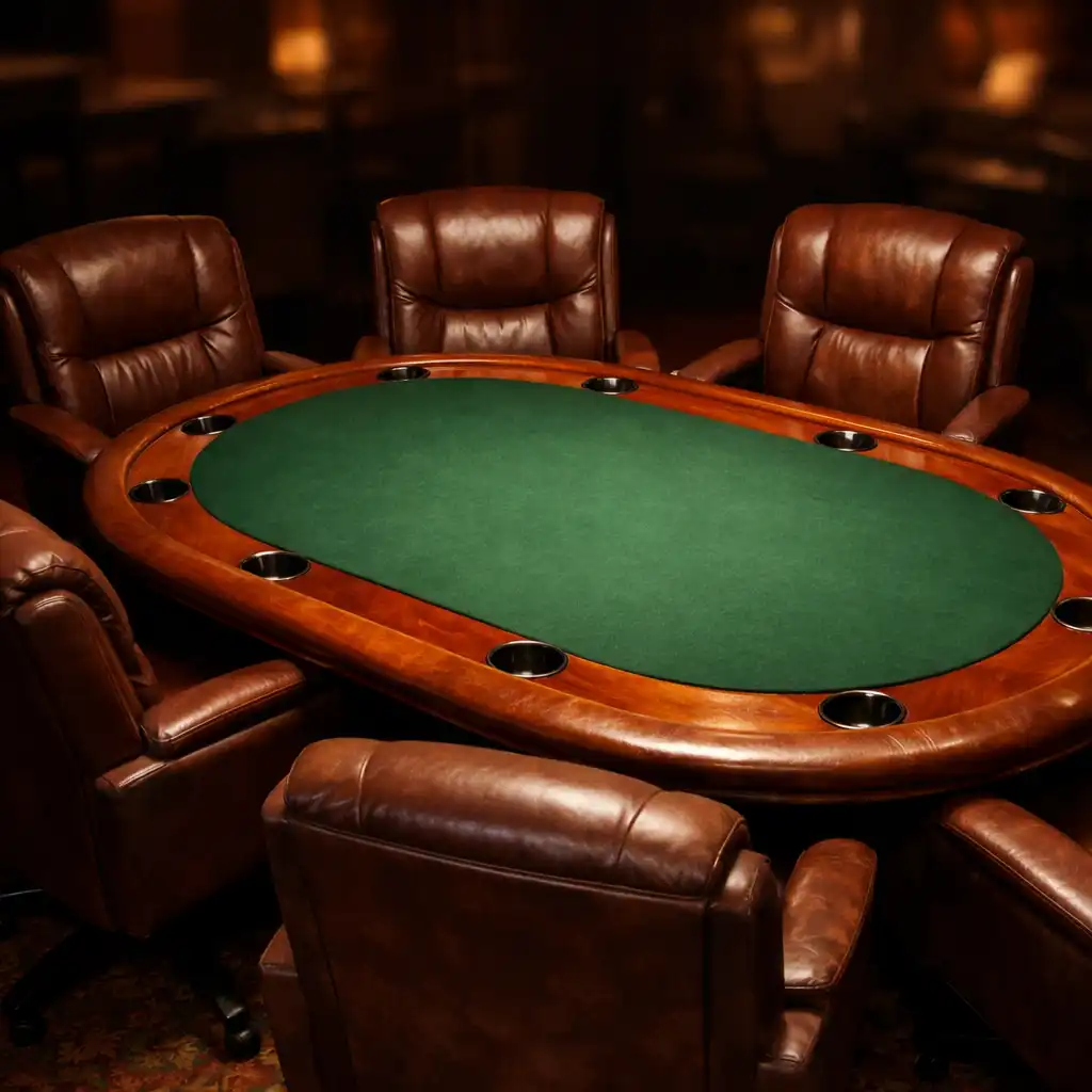 A poker table surrounded by six empty leather chairs in the dimly lit lounge at Midnight Ember House