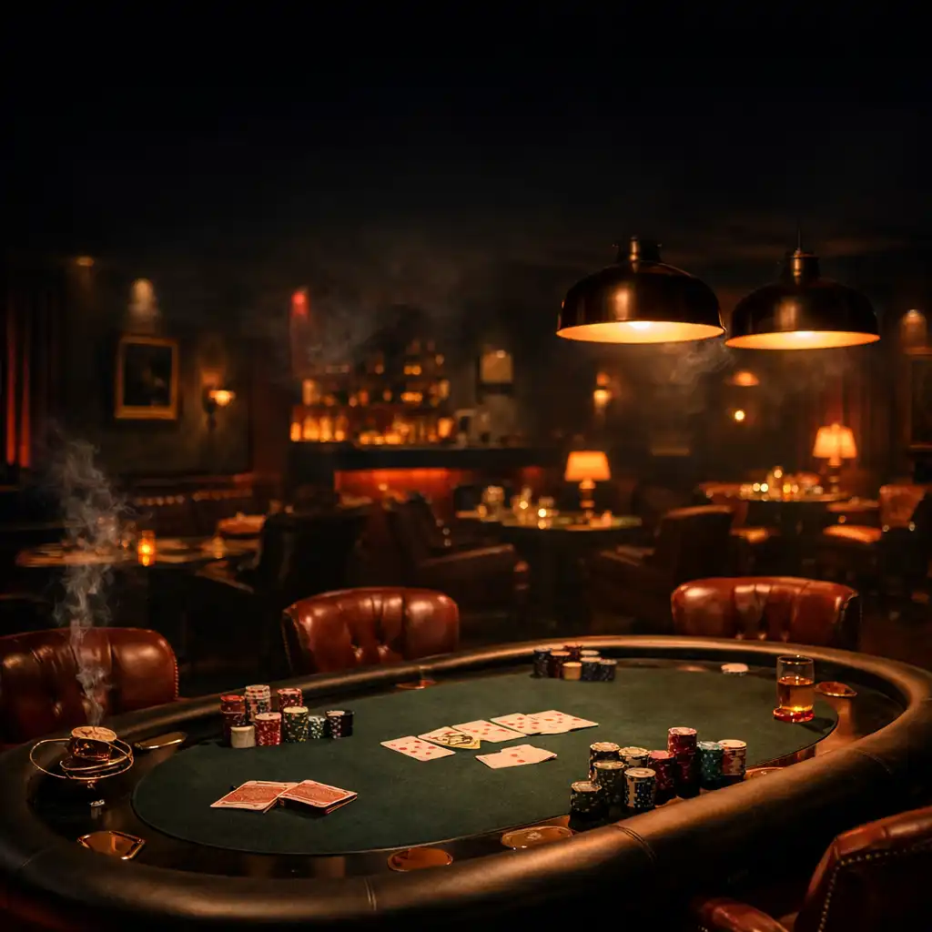 Moody private card lounge at Midnight Ember House with a poker table in warm ember light